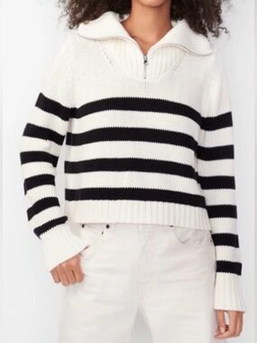 KULE The Matey Striped Half-Zip Pullover Sweater Black & Cream Size Small